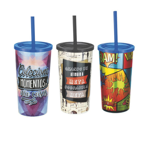 Copo Plast 700ml C/tampa/canudo/cx Frases Sort