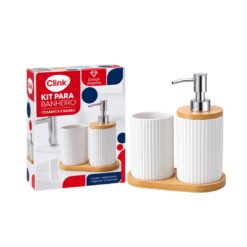 Kit Banheiro Ceramica C/ Tampa Bambu C/03 Pcs